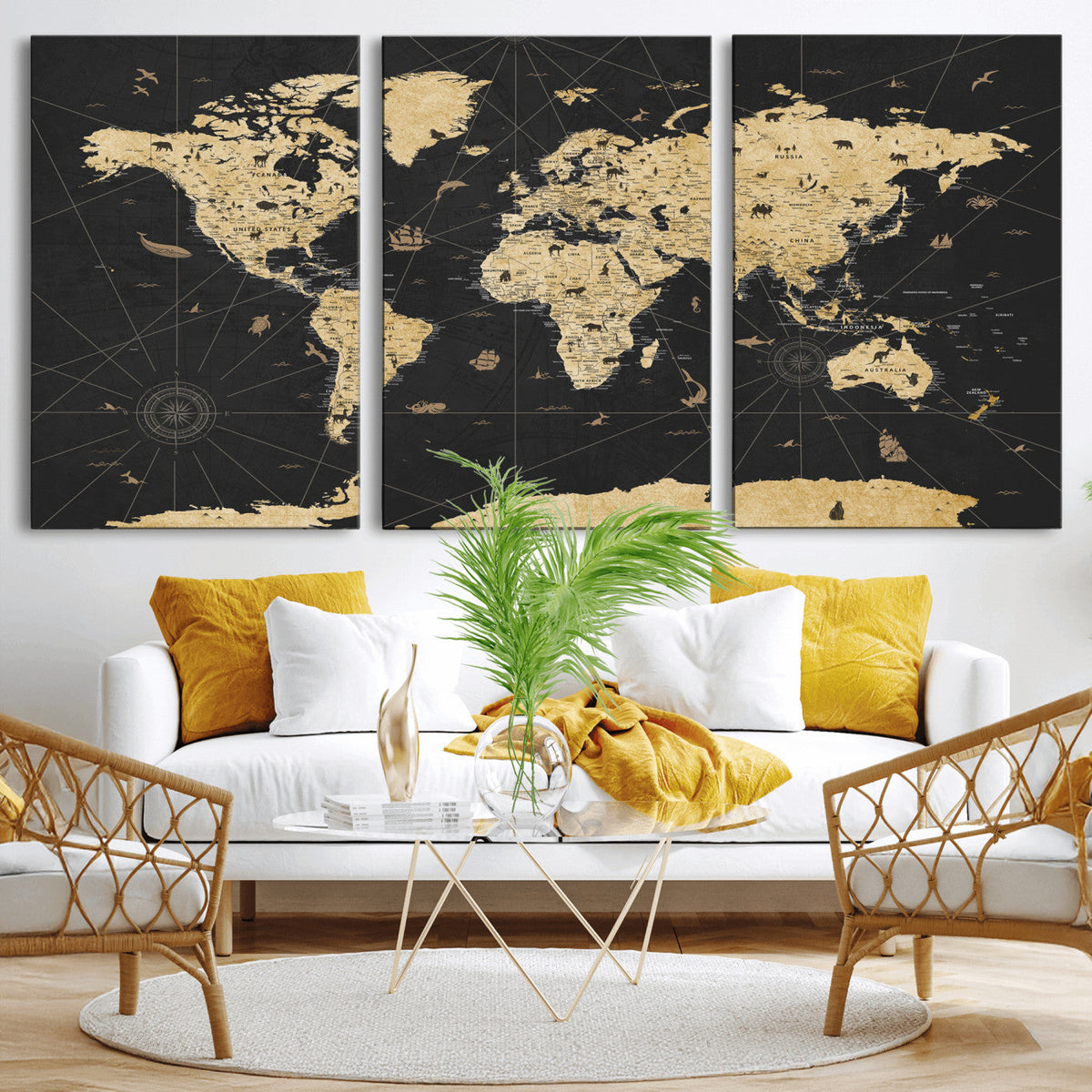 Vintage Blue and Brown World Map Canvas Wall Art | Framed Rustic Map Print