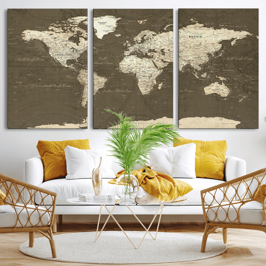Vintage World Map Canvas Print | Framed Travel Map Wall Art for Couples