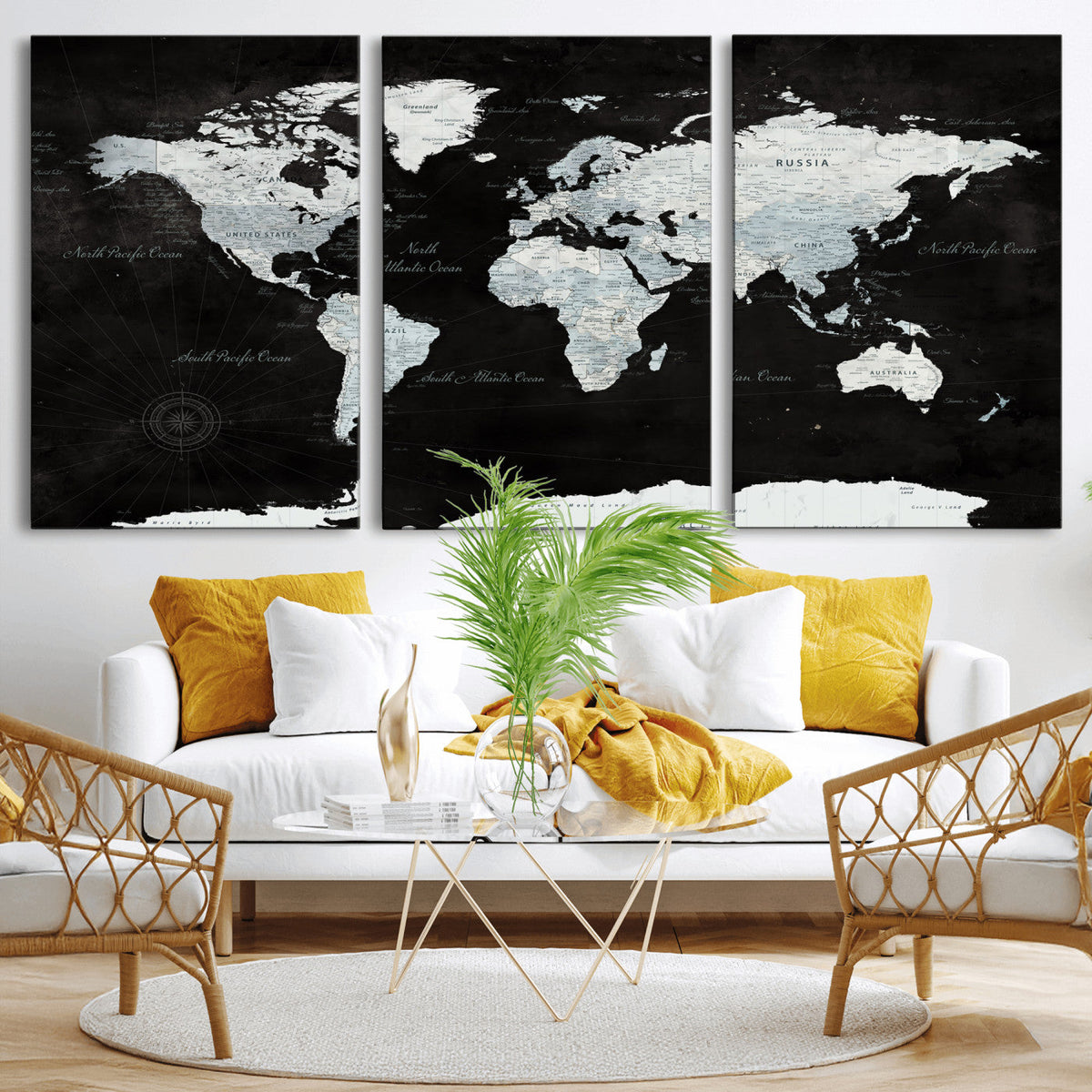 World Map Canvas Print | Framed Push Pin Wall Art, Color Splash Travel Map