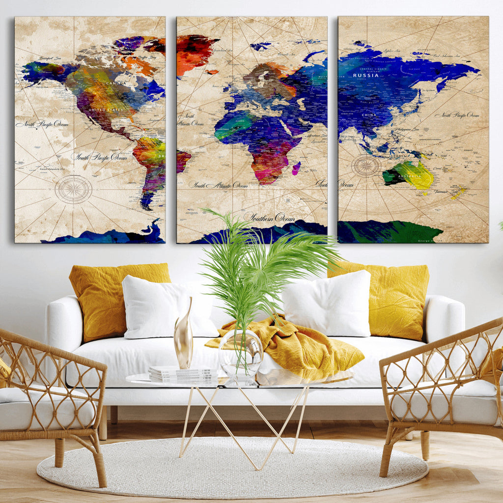 Watercolor World Map Canvas Print | Framed Wall Art for Couples