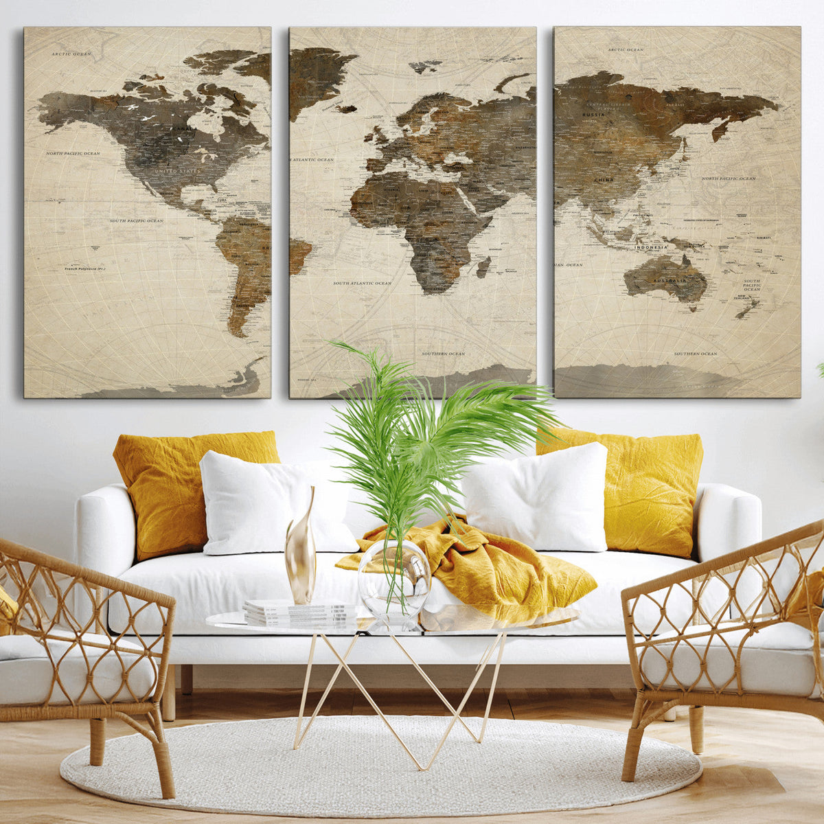 Vintage World Map Canvas Wall Art | Framed Antique Style Travel Map