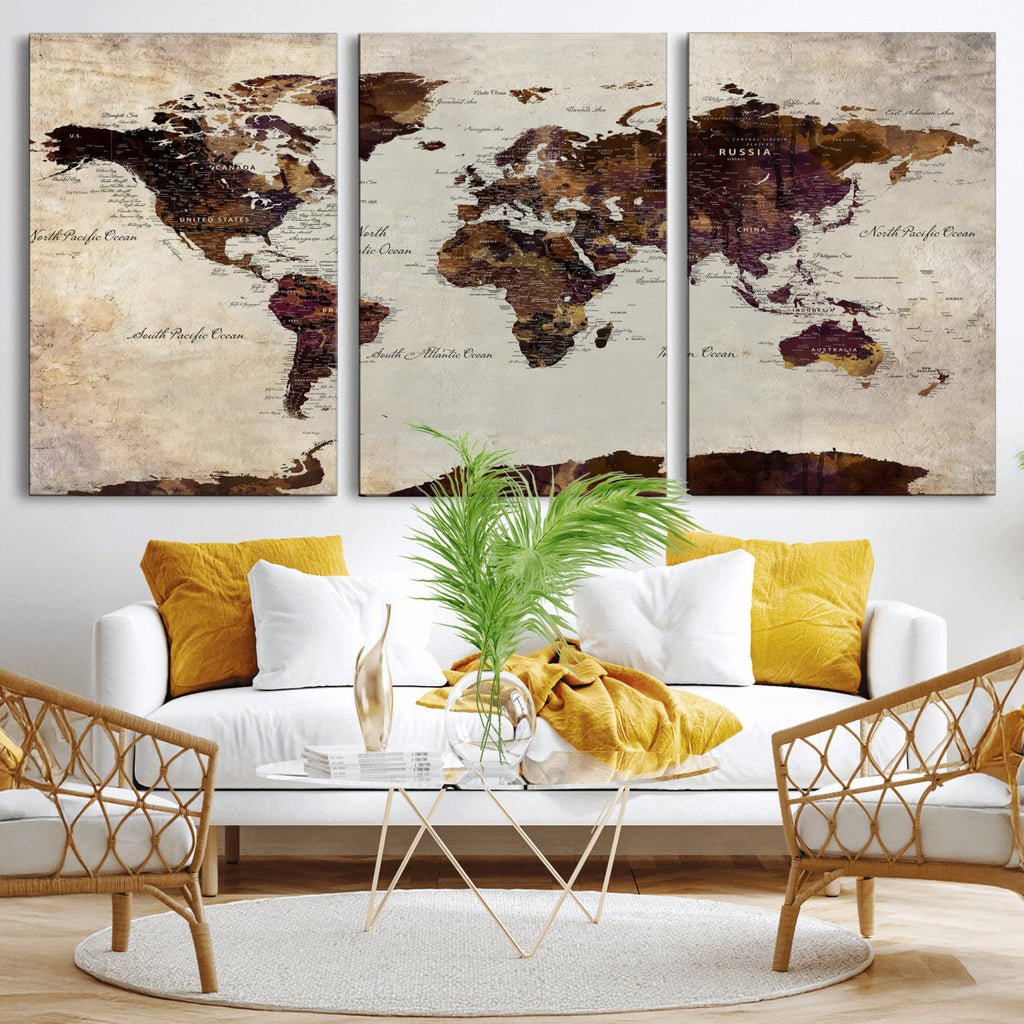 World Map Canvas Triptych | Colorful Global Wall Art for Living Rooms