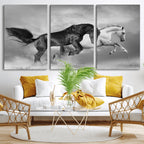 Wild Horses Wall Art Canvas Print, Framed Black and White Galloping Horses