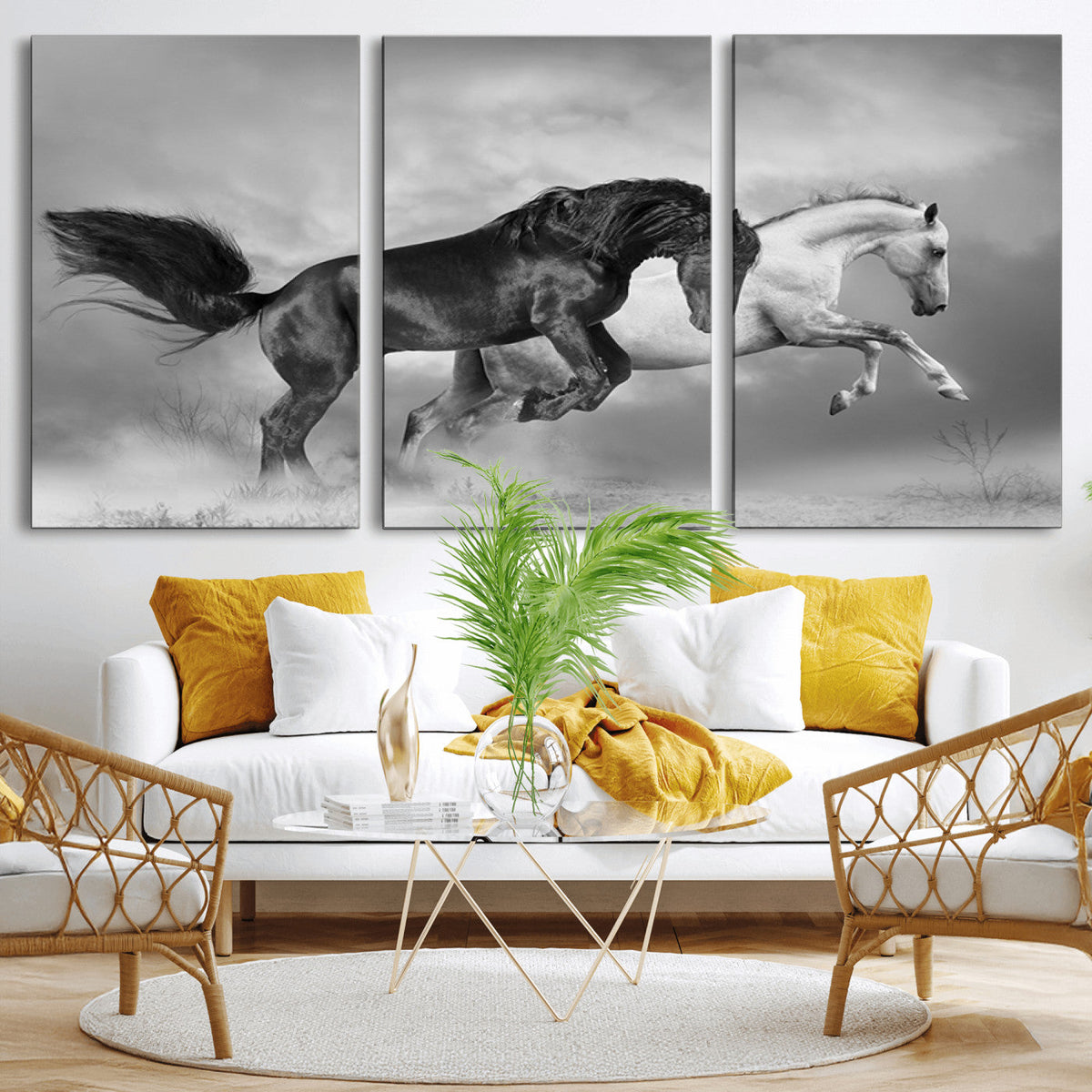 Wild Horses Wall Art Canvas Print, Framed Black and White Galloping Horses