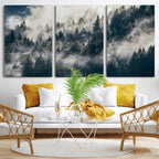 Foggy Mountain Forest Canvas Print, Misty Pine Trees Nature Wall Art