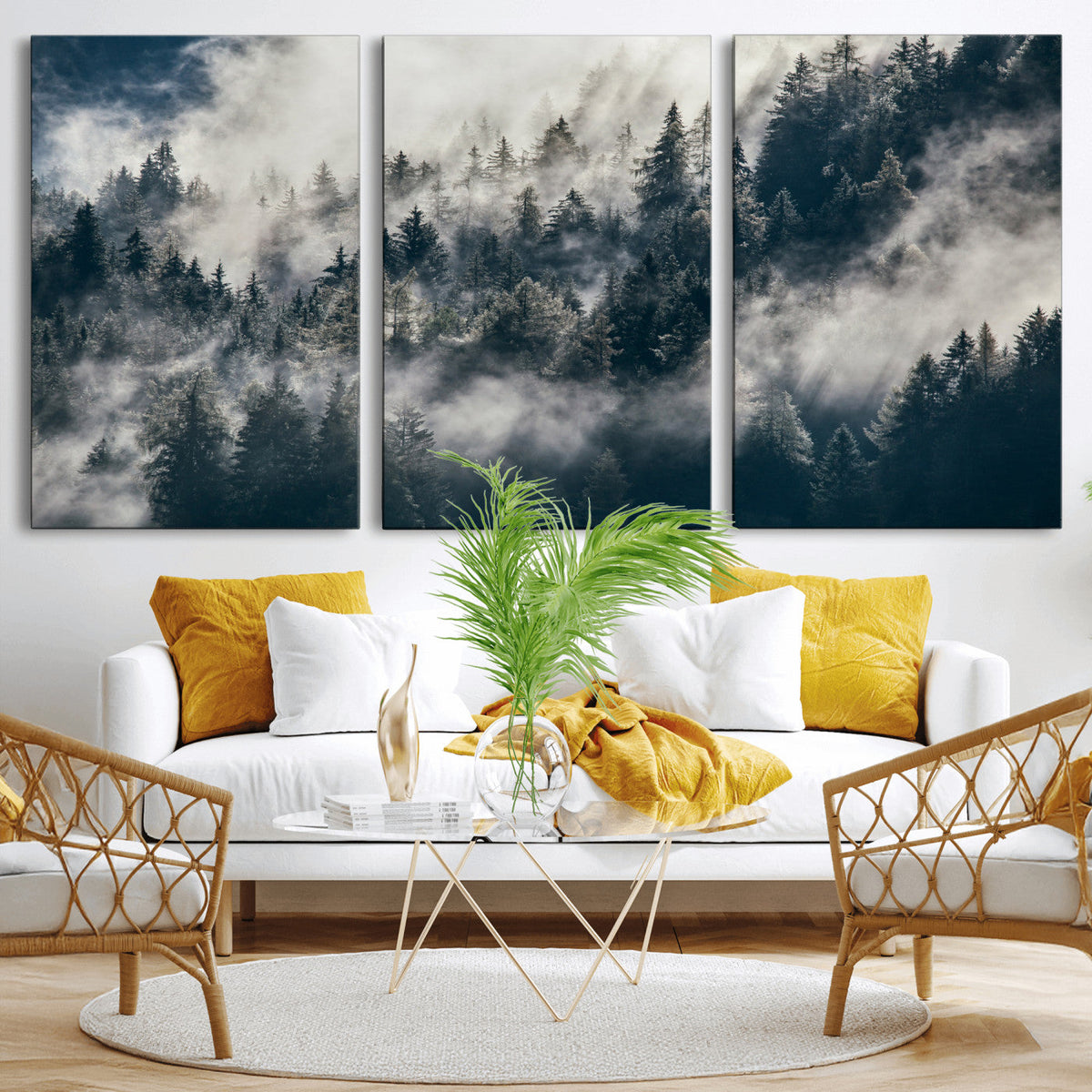 Foggy Mountain Forest Canvas Print, Misty Pine Trees Nature Wall Art