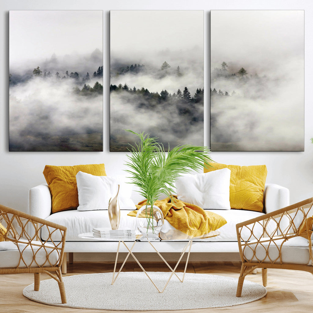 Foggy Forest Wall Art Canvas Print, Misty Pine Tree Landscape