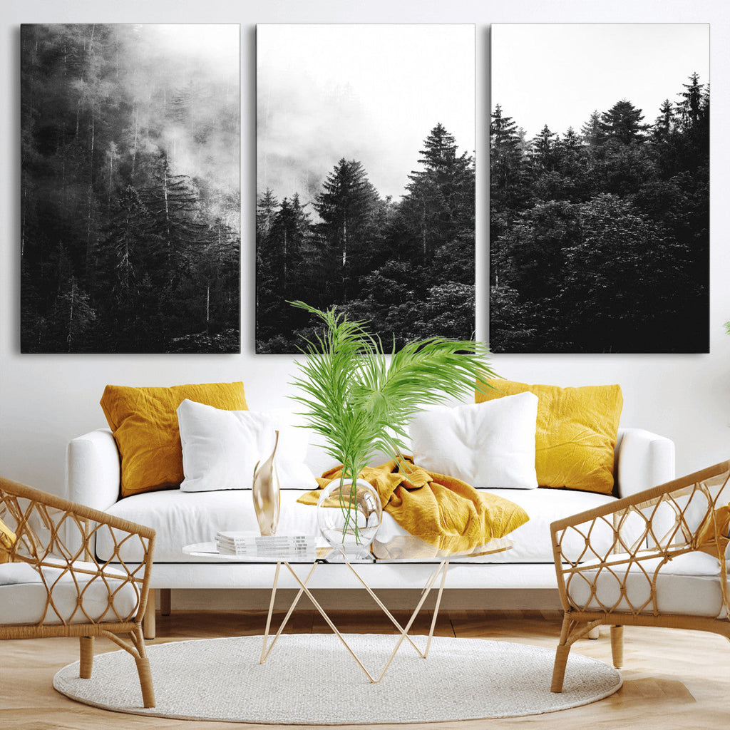 Black White Forest Wall Art Canvas Print, Misty Pine Tree Landscape