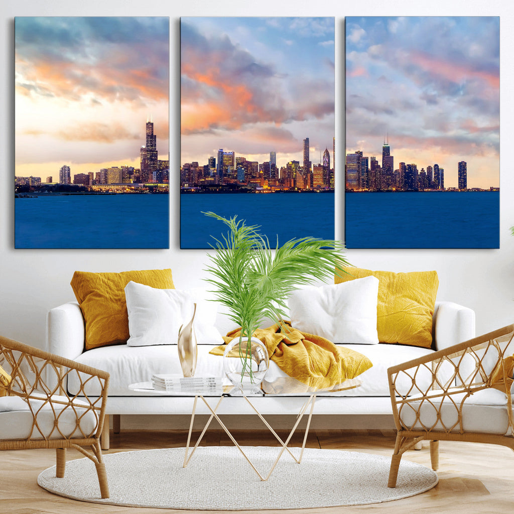 Chicago Wall Art Canvas Print - Chicago City Downtown Night Cityscape