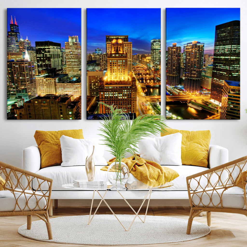 Chicago Wall Art Canvas Print - Chicago City Downtown Night Cityscape