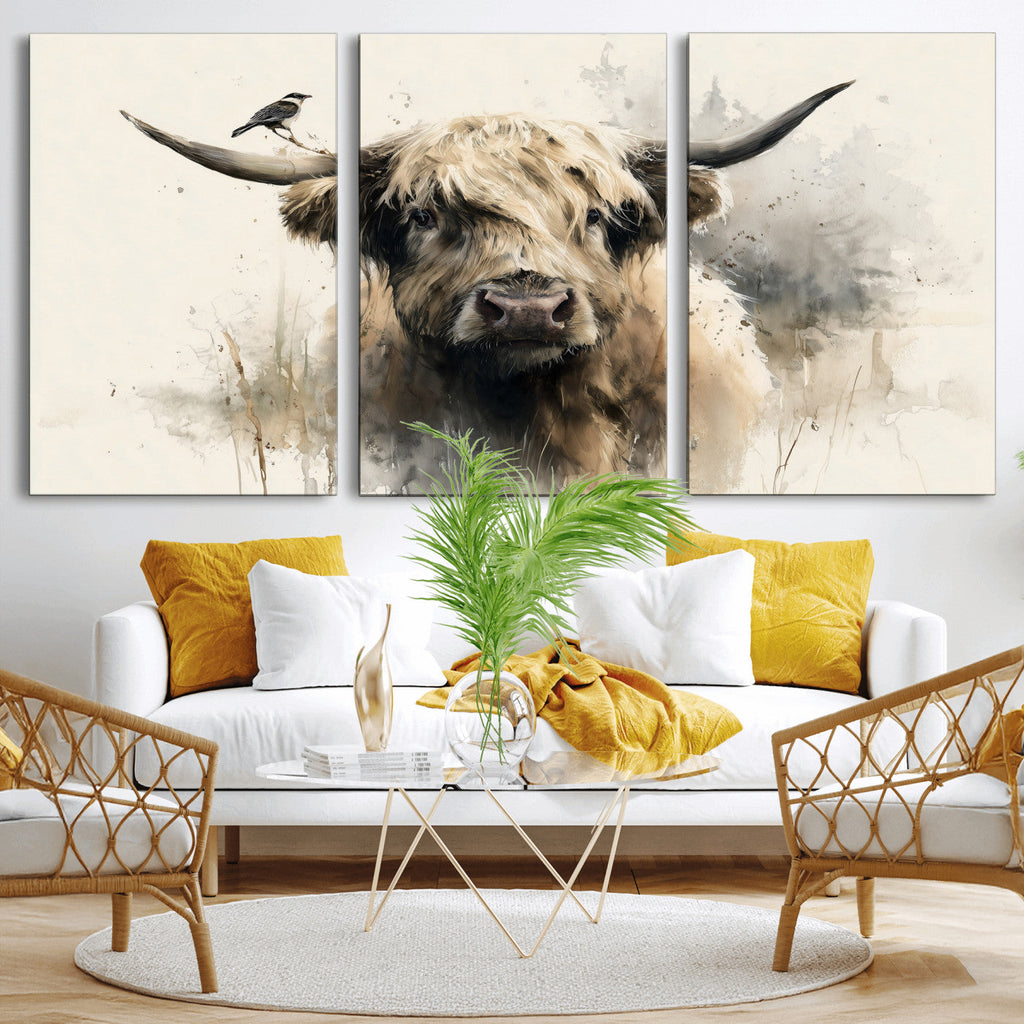 Abstract Highland Cow Wall Art Canvas Print, Rustic Farm Cattle Portrait