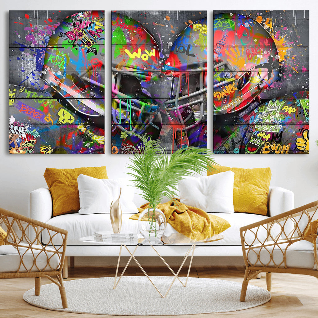 Graffiti Football Helmets Wall Art Canvas Print, Urban Street Art