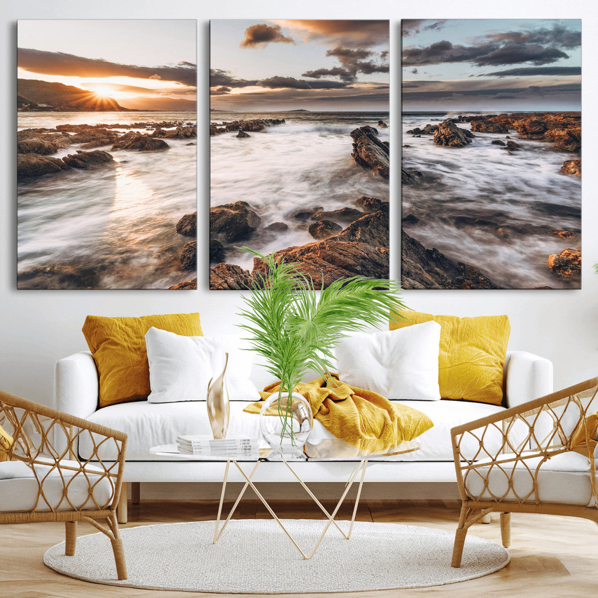 Rocky Coast Ocean Sunset Wall Art Canvas Print, Dramatic Seascape Nature Decor