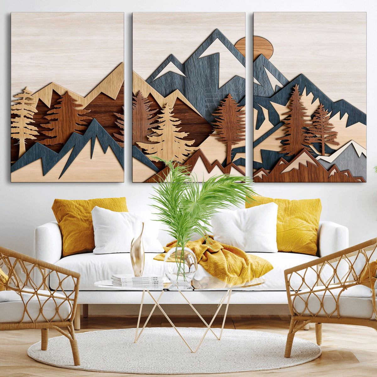 Layered Wooden Mountain Wall Art Canvas Print, Modern Rustic Forest and Pine Landscape