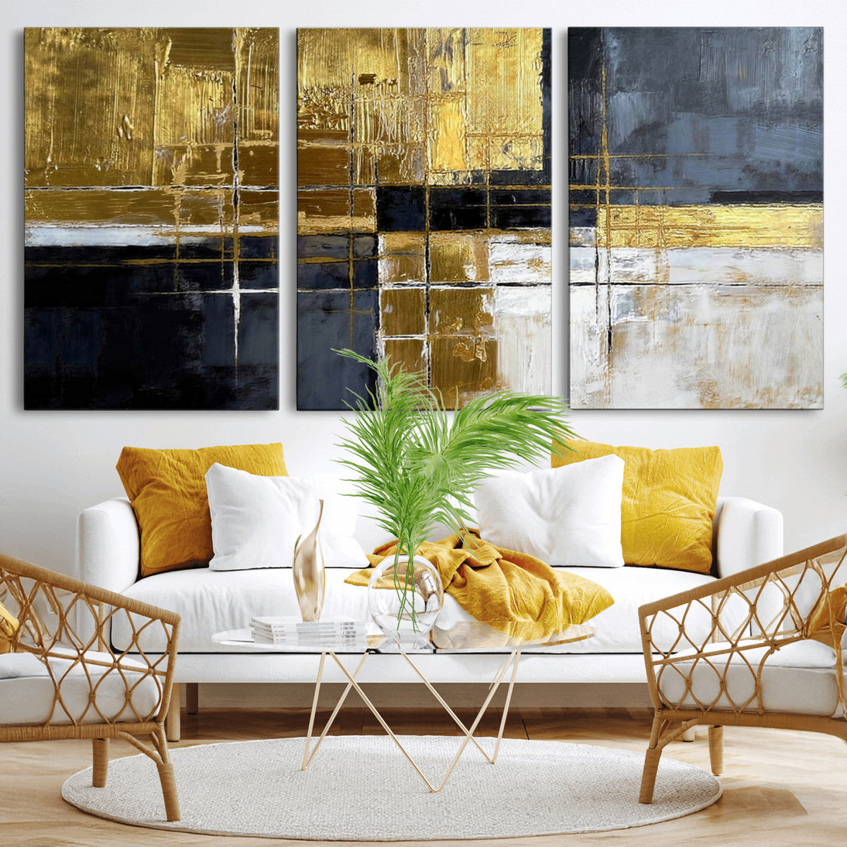 Gold Navy Abstract Wall Art Canvas Print, Modern Luxury Geometric Art for Living Room and Office