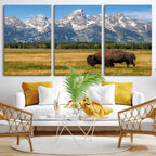 Bison in Mountain Landscape Wall Art Canvas Print, Western Decor