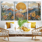 Boho Mountain Landscape Large Wall Art, Horizontal Gold Sun and Flowers Print