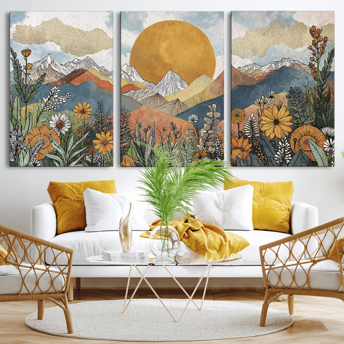 Boho Mountain Landscape Large Wall Art, Horizontal Gold Sun and Flowers Print