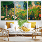 Gustav Klimt Boho Mountain Landscape Large Wall Art, Gold Sun and Flowers Print