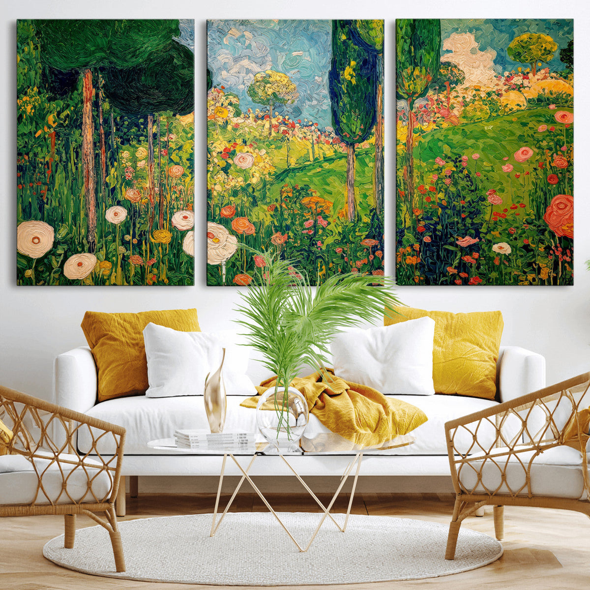 Gustav Klimt Boho Mountain Landscape Large Wall Art, Gold Sun and Flowers Print