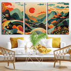 Yayoi Kusama Boho Mountain Landscape Large Wall Art, Gold Sun and Flowers Print