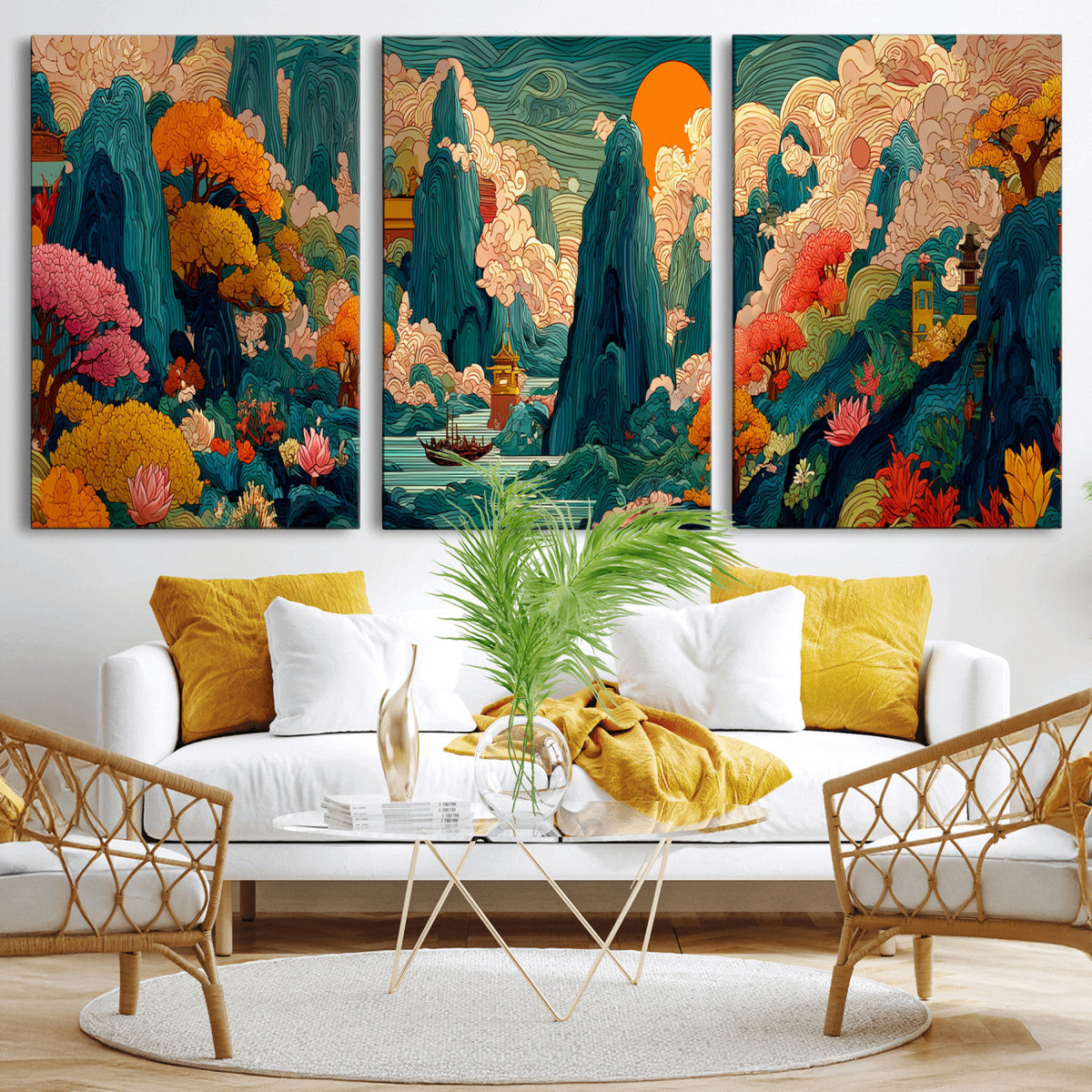 Colorful Japanese Landscape Print: Maximalist Panoramic Wall Art