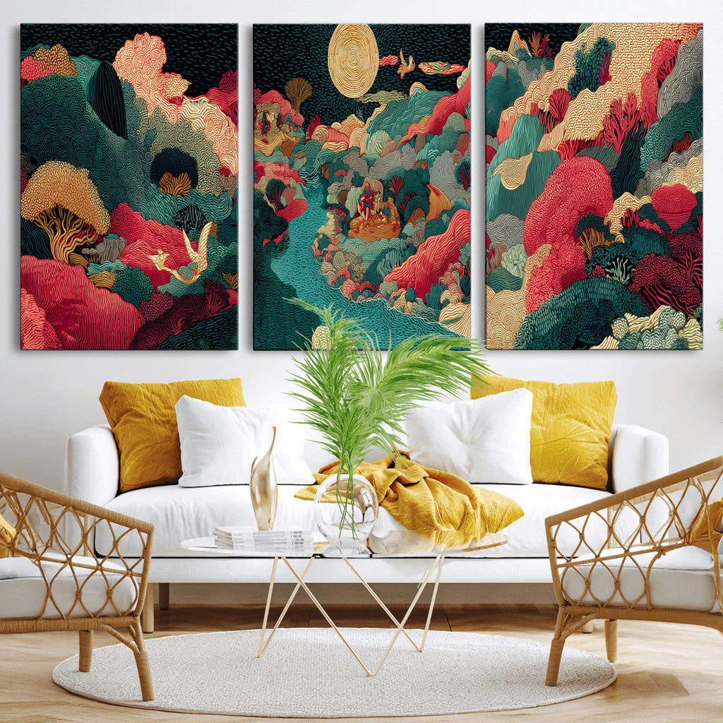 Colorful Japanese Landscape Print: Maximalist Panoramic Wall Art