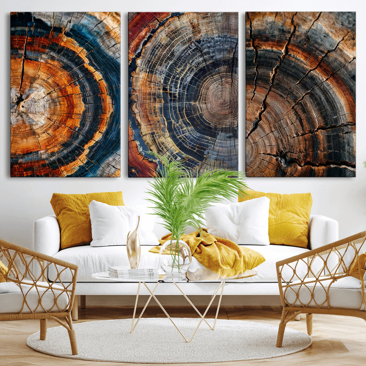 Tree Ring Canvas Wall Art, Wood Cross Section Triptych