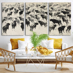 Longhorn Cattle Canvas Wall Art, Black White Stampede Ink