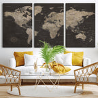 World Map Canvas Wall Art, Dark Charcoal and Antique Tan Detailed Map