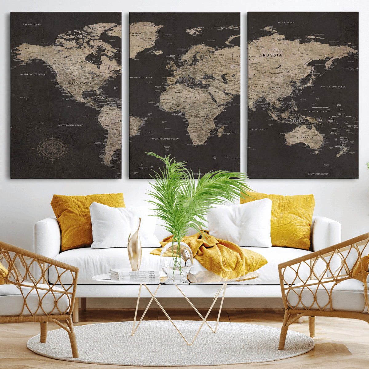 World Map Canvas Wall Art, Dark Charcoal and Antique Tan Detailed Map