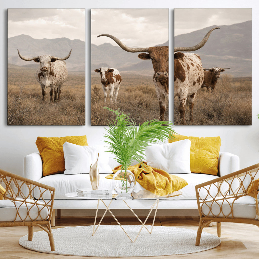 Rustic Texas Longhorn Cow Canvas Wall Art Print, Farm Animal Photography