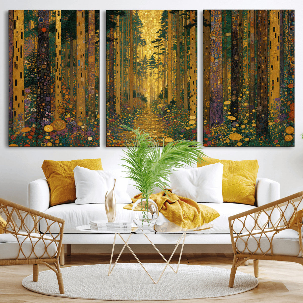 Gustav Klimt Style Forest Canvas Wall Art, Golden Forest Path Floral Art Nouveau Print