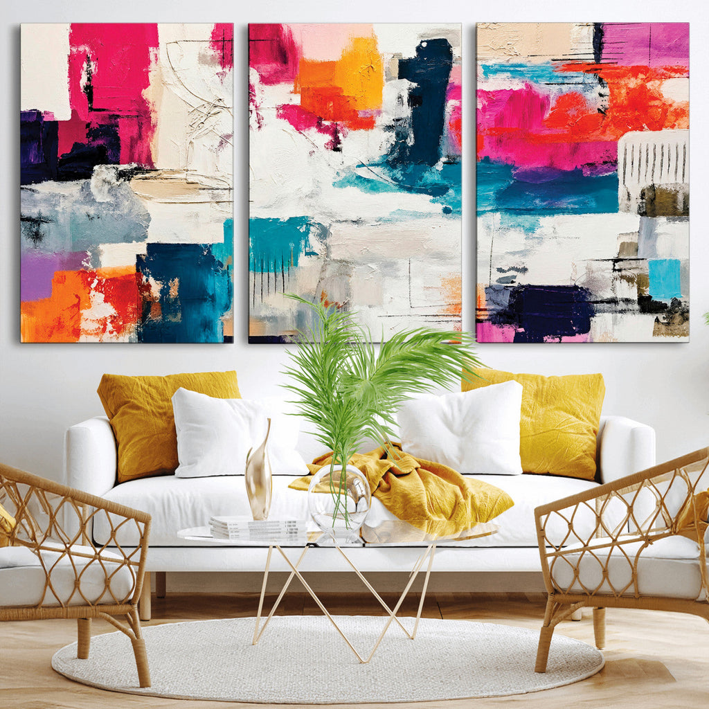 Blue Teal Abstract Canvas Wall Art, Modern Brushstroke Style Print, Navy Orange Contemporary Decor