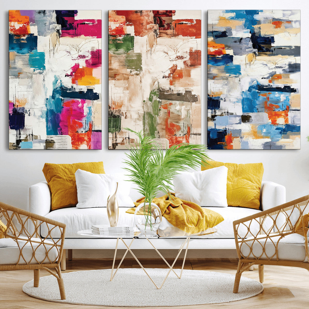Blue Teal Abstract Canvas Wall Art, Modern Brushstroke Style Print, Navy Orange Contemporary Decor