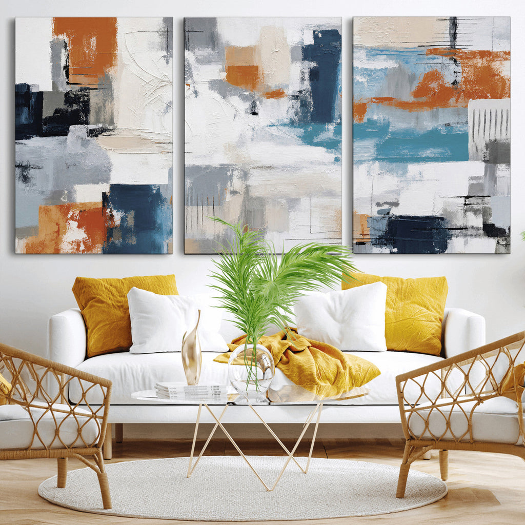 Blue Teal Abstract Canvas Wall Art, Modern Brushstroke Style Print, Navy Orange Contemporary Decor