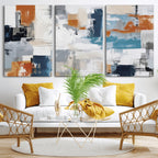 Blue Teal Abstract Canvas Wall Art, Modern Brushstroke Style Print, Navy Orange Contemporary Decor