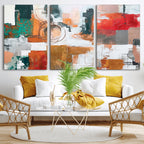 Blue Teal Abstract Canvas Wall Art, Modern Brushstroke Style Print, Navy Orange Contemporary Decor
