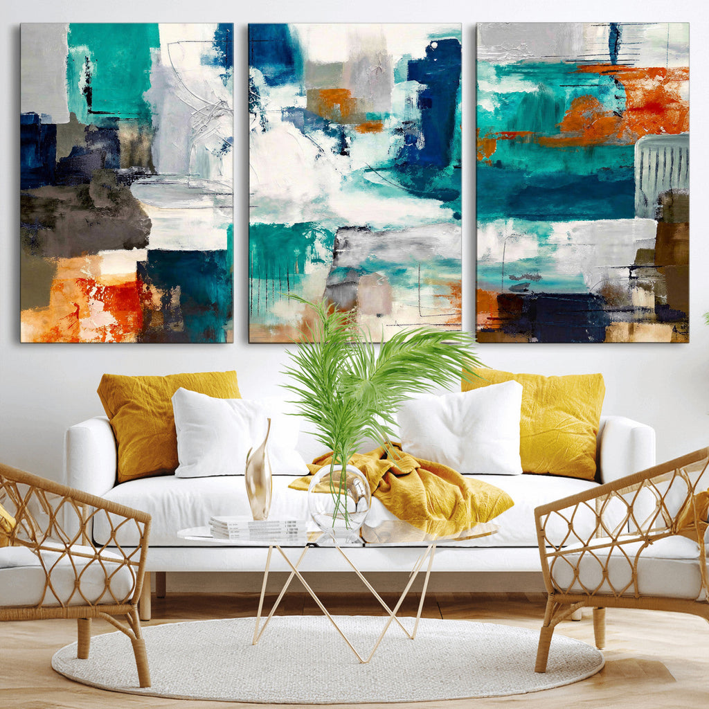 Blue Teal Abstract Canvas Wall Art, Modern Brushstroke Style Print, Navy Orange Contemporary Decor
