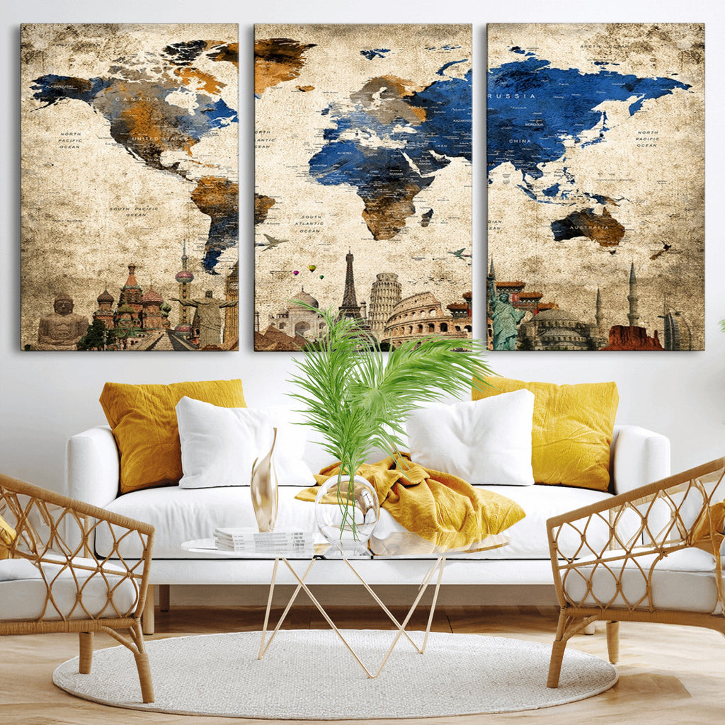 World Map Canvas Print | Vintage Blue and Gold World Map Wall Art