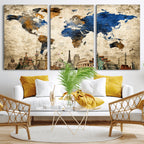 World Map Canvas Print | Vintage Blue and Gold World Map Wall Art