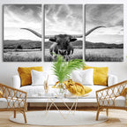 Longhorn Black and White Wall Art | Rustic Western Bull Canvas Print