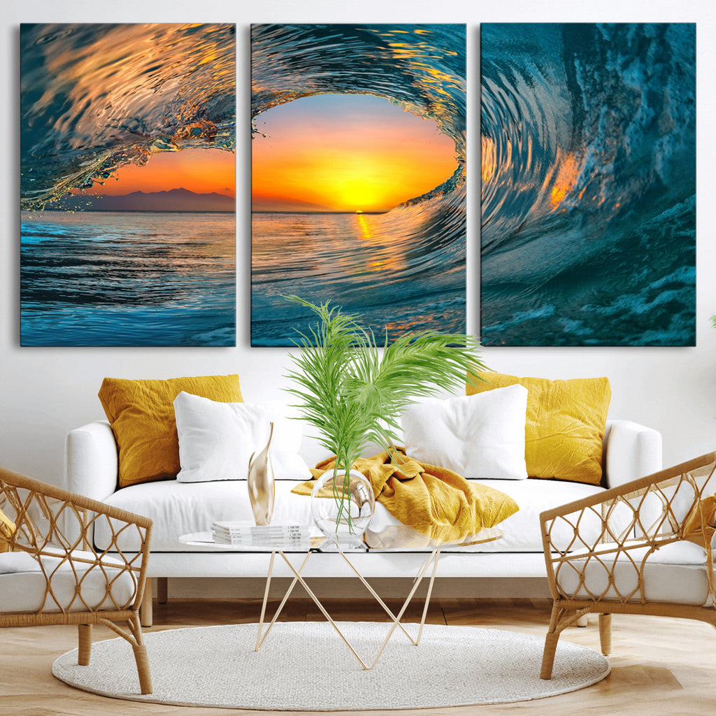 Ocean Wave Sunset Wall Art | Large Coastal Wave Canvas Print