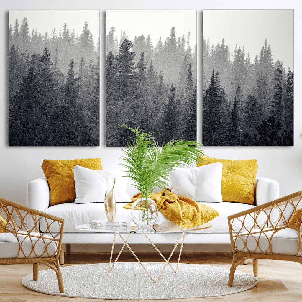Misty Forest Canvas Wall Art | Monochrome Triptych Pine Tree Print
