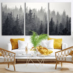 Misty Forest Canvas Wall Art | Monochrome Triptych Pine Tree Print