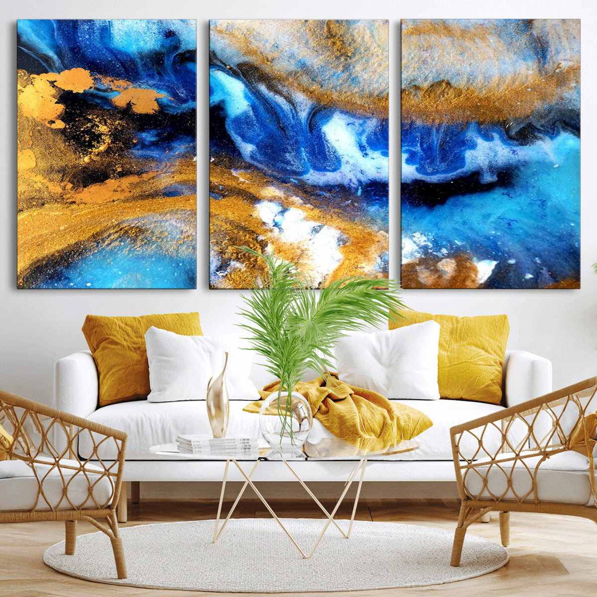 Blue Orange Marble Fluid Effect Canvas Wall Art Print