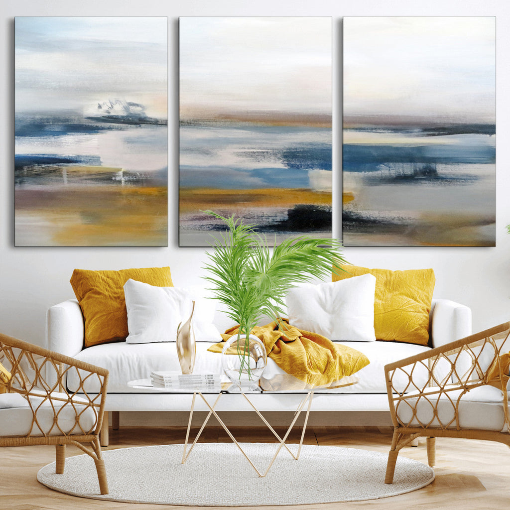 Abstract Landscape Wall Art Canvas | 3 Panel Modern Blue, Gold and White Canvas Art