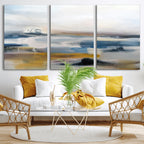 Abstract Landscape Wall Art Canvas | 3 Panel Modern Blue, Gold and White Canvas Art