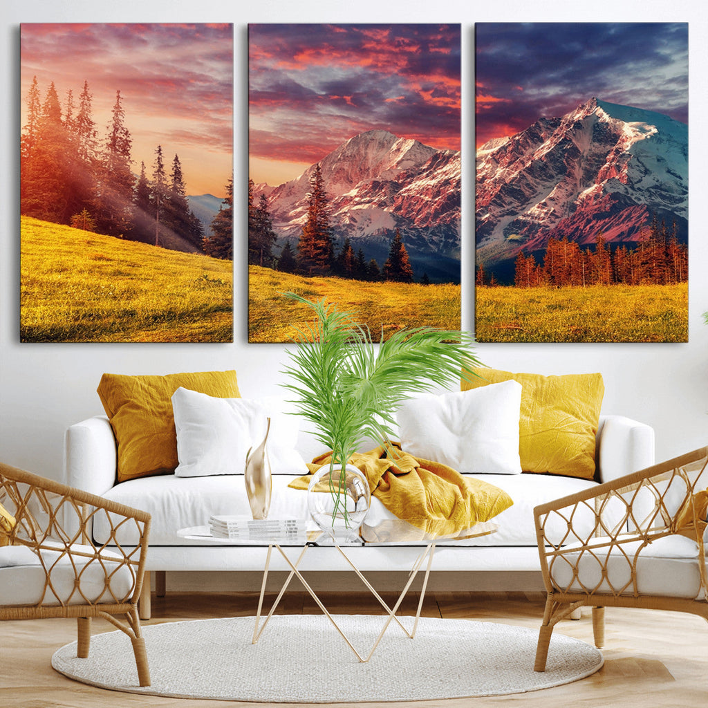 Mountain and Daylight Red Sunset Wall Art Canvas Print