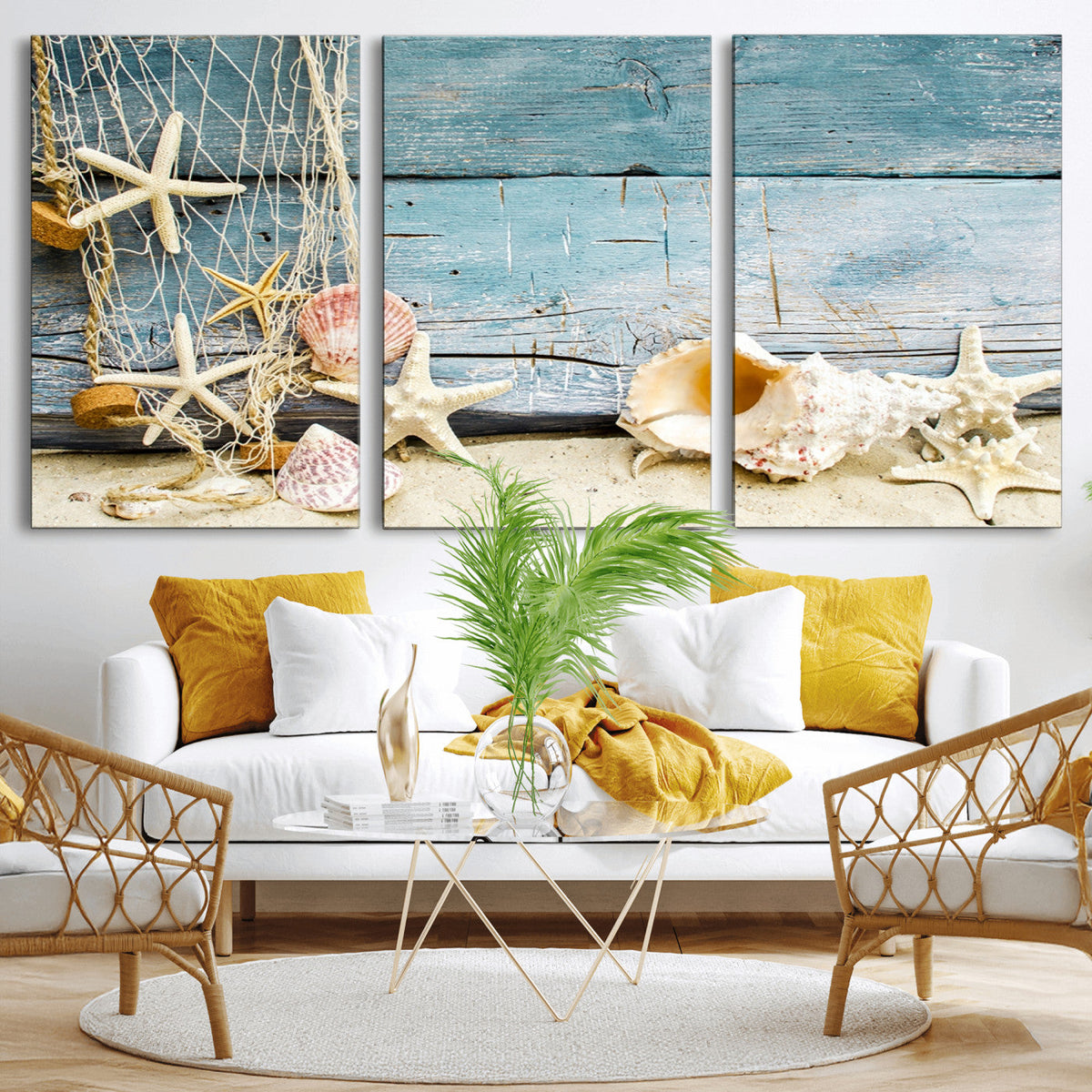 Seashells on Rustic Wooden Background, Seashells Wall Art